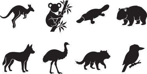 Obraz premium Set of australian wildlife silhouettes including kangaroo, koala, platypus, wombat, dingo, emu, tasmanian devil, and kookaburra, black