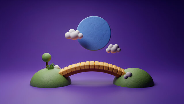 A wooden bridge connecting two green grassy mounds with a blue circular moon and white clouds on a purple background