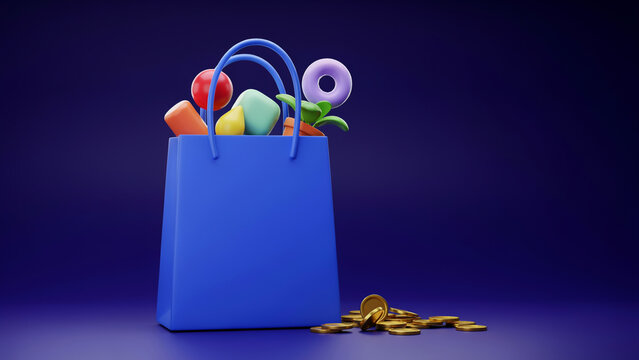 Blue shopping bag filled with colorful abstract shapes and with gold coins scattered on a dark purple surface