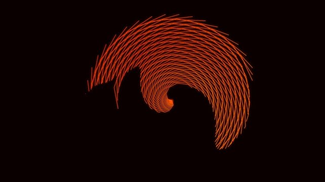 Abstract glowing orange geometric ring spinning and transforming into a dynamic vortex tunnel motion background on a dark black background showcasing digital art and modern technology concepts