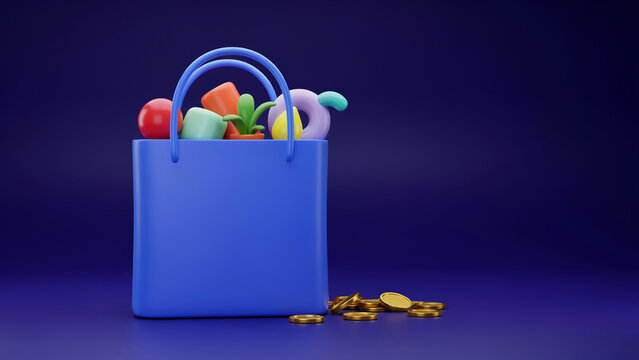 Blue shopping bag filled with colorful abstract shapes and with gold coins scattered on a dark purple surface