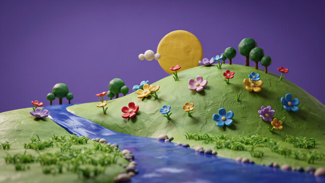 Clay style landscape featuring rolling green hills, a winding blue river, and colorful flowers on a purple background