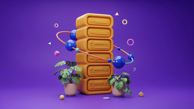 Stack of yellow server units with blue spheres and colorful lines, accompanied by potted plants on purple background