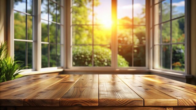 Sunny wooden table against blurred window view