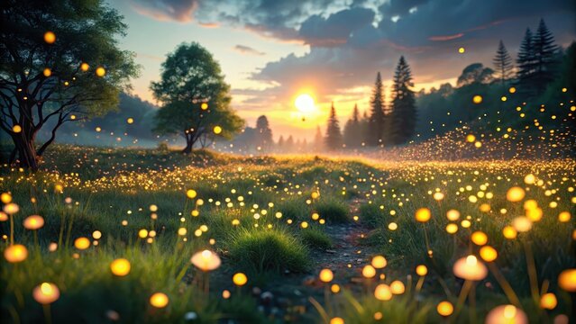A magical scene of fireflies glowing in a meadow at dusk