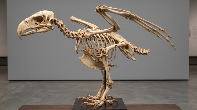 Philippine eagle skeleton exhibit stands mounted on a wooden base inside a modern museum gallery setting.