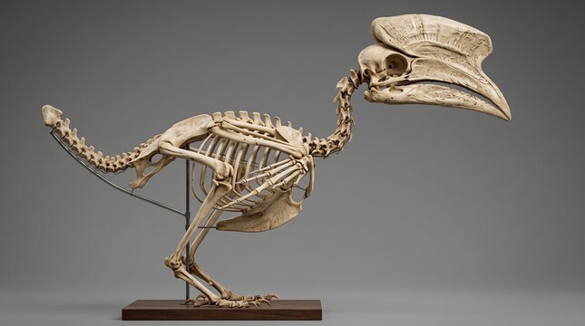 Helmeted hornbill skeleton specimen features a prominent casque on its skull displayed on a museum stand.