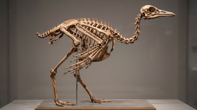 Great Indian bustard skeleton of a cassowary displayed in a museum showcases the detailed bone structure of the large flightless bird.