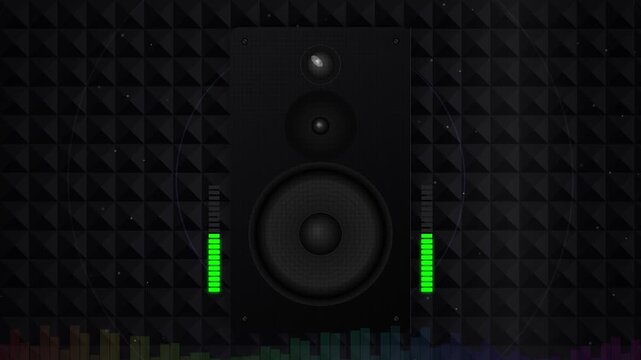 Professional speaker with active green VU meters on acoustic foam wall.