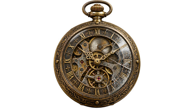 An antique pocket watch with intricate gears and Roman numerals on its face, showcasing a steampunk aesthetic