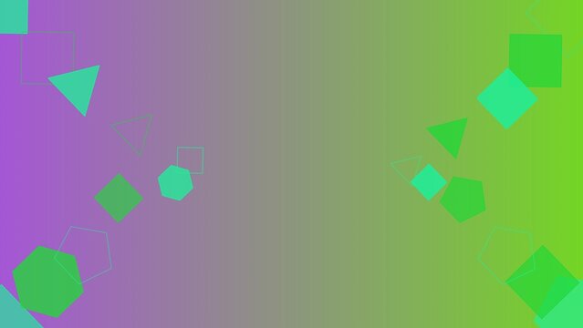 Abstract Geometric Composition with Floating Green Shapes on Purple and Lime Green Gradient Background