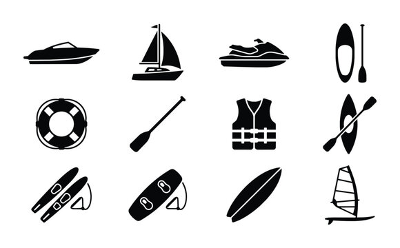 Water Sports Equipment Icons, Nautical & Marine Vector Set: Boats, Kayaks, Surfboards, Lifebuoy, Paddleboards, Windsurf, Jet Ski, Water Skis