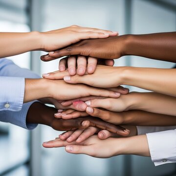 Diverse hands stacked in a show of unity and teamwork.