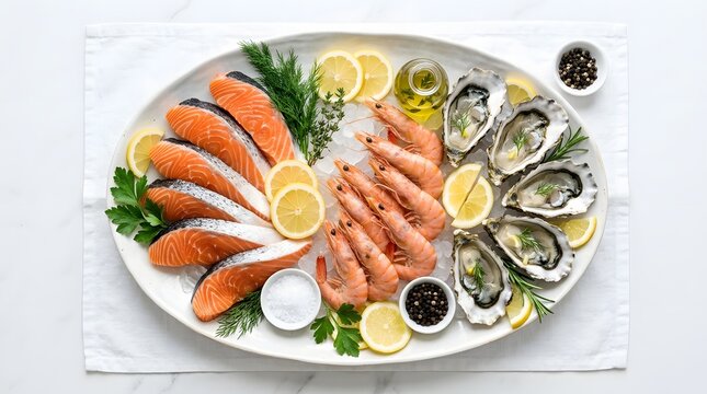Fresh seafood platter with salmon fillets, shrimp, and raw oysters on ice