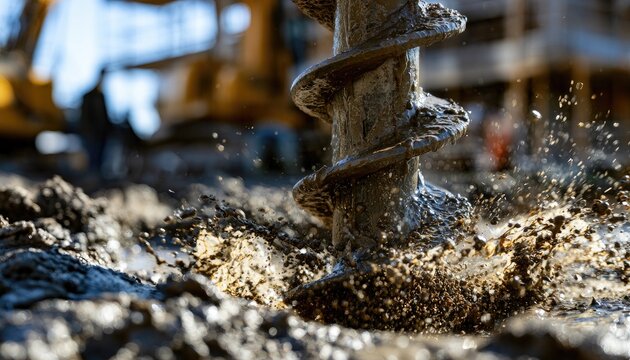 Industrial heavy duty earth auger drilling into rocky ground.