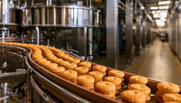 Industrial production line of round biscuits on a conveyor belt in a factory.