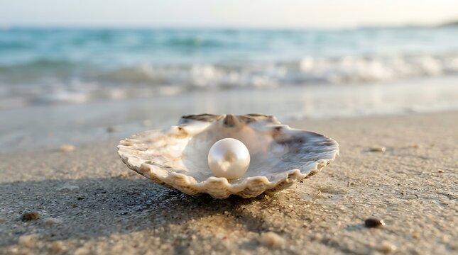 Shiny white pearl inside an open seashell on a sandy beach at the ocean shore