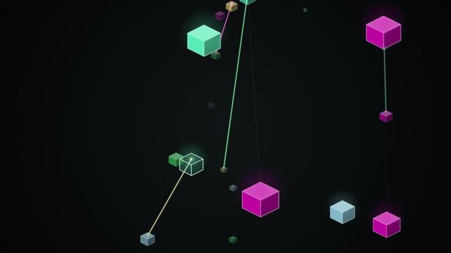 A dark background displays a continuous loop of glowing geometric cubes in magenta, cyan, and green.