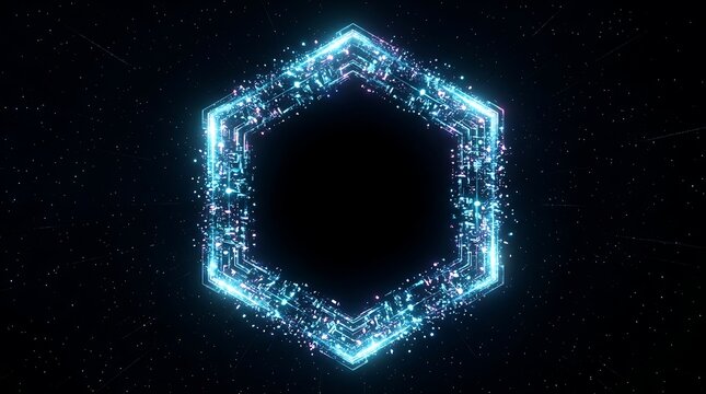 Glowing blue hexagon frame with digital particles