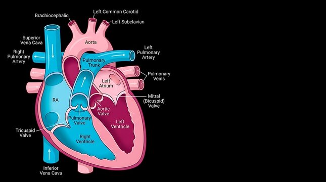 Human heart anatomy diagram with labeled parts