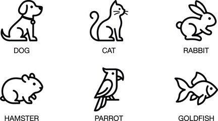 Fototapeta premium Set of cute pet icons including dog cat rabbit hamster parrot and goldfish in simple black line art style