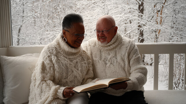 Cozy moment of a loving couple enjoying a book together in winter. Elderly couple sits close, sharing book while dressed in warm sweaters. Snowy background evokes a sense of peace and companionship