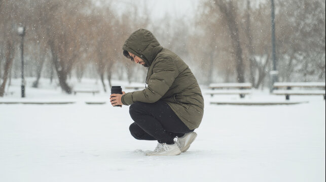 Cozy Moment in the Snow. A person is crouching in the snow, holding a warm beverage, enjoying a peaceful moment in winter.