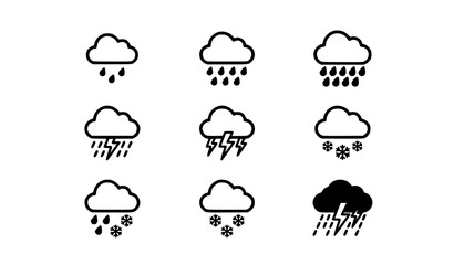 Obraz premium Modern Weather Forecast Icons for Light Rain Heavy Rain Snow and Thunderstorm