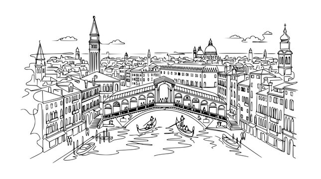 Urban city skyline with bridge line illustration.