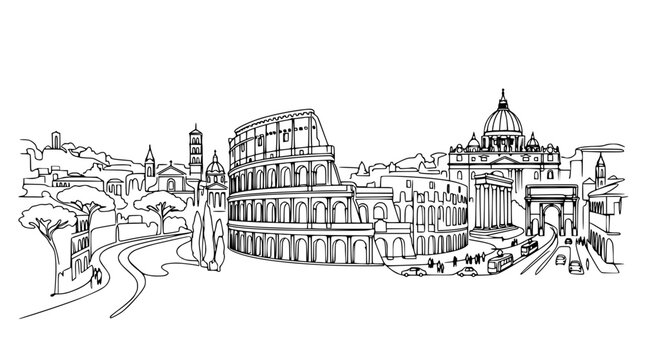 Urban city skyline architectural outline drawing.