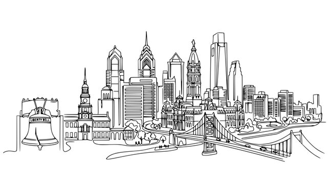 Urban city skyline line art on dark background