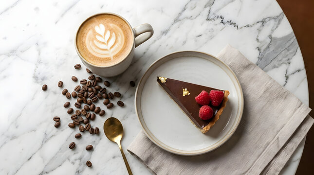 Coffee latte and chocolate tart on marble surface.