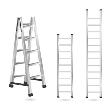 Set of aluminum step and extension ladders isolated on a transparent background