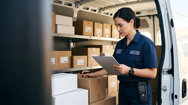 Female courier checking cardboard packages inside a delivery cargo van