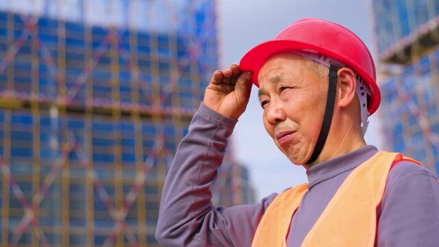 Confident construction man worker engineer wearing a red hard hat, orange safety vest at job site standing at construction site featuring cranes and building project under industrial area