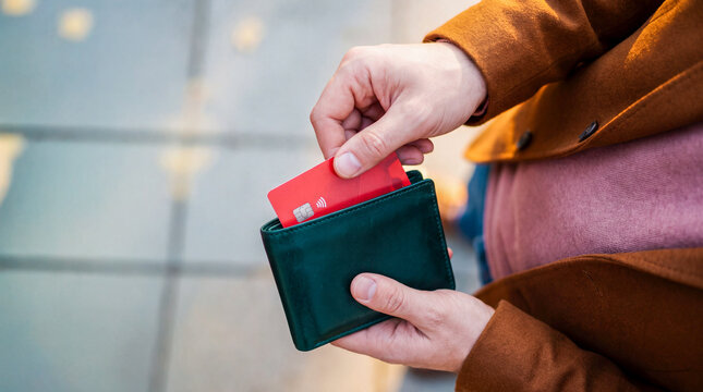 Payment by bank card. A man takes out a red contactless bank card from a dark green leather wallet to make a payment on the street.
