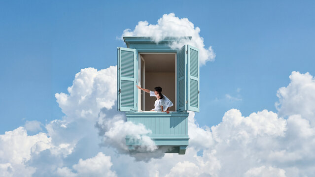 Father and little son looking from turquoise window floating inside white clouds. Concept of involved parenting, childhood adventures, travel ads, and family bonding.