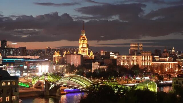 Moscow cityscape with bogdan khmelnitsky bridge at night