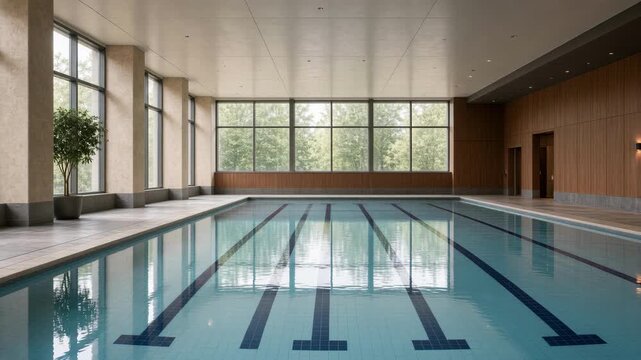 Empty Indoor Hotel Lap Pool with Lane Lines and Soft Daylight