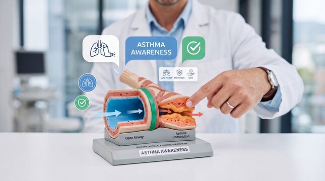 Doctor pointing to a bronchiole cross section model to explain asthma constriction in a clinic