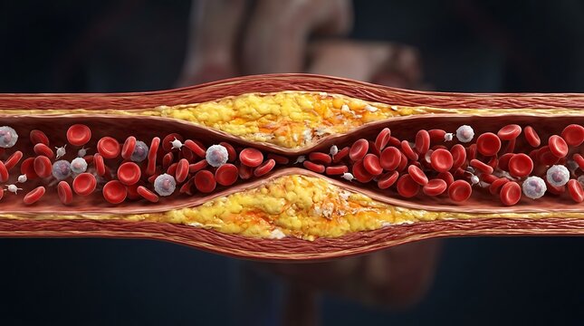 Artery with blood cell flow and plaque buildup
