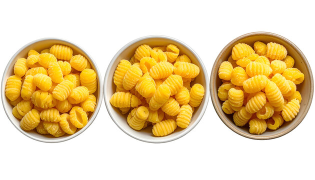 Three overhead shots of bowls filled with golden, ridged pasta shapes on black