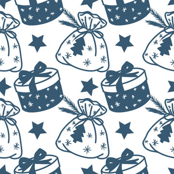 Hand drawn Christmas seamless pattern in blue line art style with christmas gifts and stars for seasonal festive design.