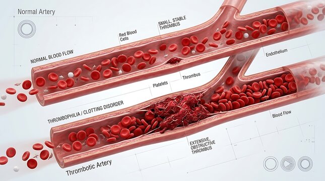 Medical diagram of normal and thrombotic artery blood flow