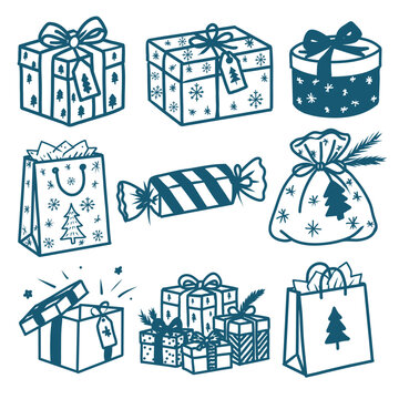 Hand drawn winter Christmas gift vector set featuring wrapped presents, gift boxes, bags, gift sack, candy-shaped box, surprise gift, gift basket, bows and festive evergreen decorations.