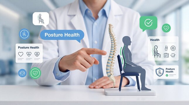 Doctor pointing at a spine model and digital posture health icons in a medical clinic