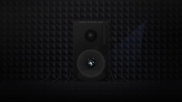 Professional studio speaker vibrating with bass in dark soundproof recording studio