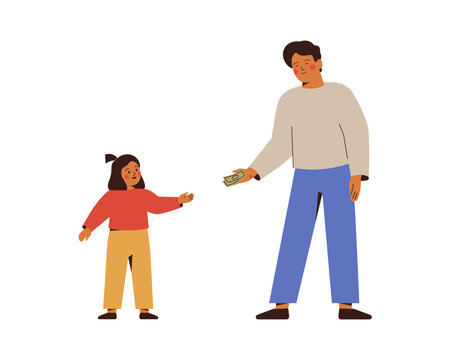 Father giving pocket money to daughter. Man sharing banknotes, cash allowance with child girl, Flat vector illustration isolated on white background