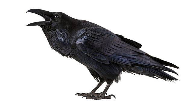 Common raven with open beak standing in profile view