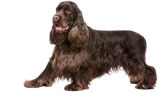 Solid liver brown English Cocker Spaniel dog standing in profile